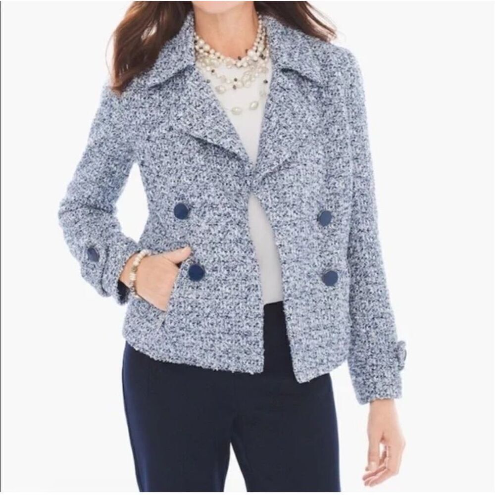 Chico’s Tweed textured open front blazer jacket 1 white shimmer
